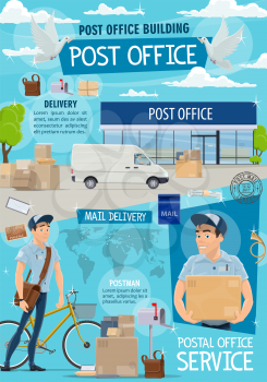 Post office and mail delivery. Postage service, post shipping transport and postman at work in post office building, vector. Mailman with bag and bicycle deliver parcels and letter envelopes