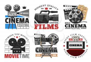 Cinema and movie, films icons and symbols. Vector retro camera and film reel, clapperboard and directors chair, hall with wide screen and armchairs. Tickets for festival or academy award