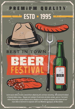 Beer festival retro poster for traditional Oktoberfest or Bavarian brewery house. Vector vintage design of man hat, curry wurst sausages and craft or lager beer bottle for premium quality pub or bar