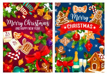 Merry Christmas and Happy New Year greeting card design template on ribbon for winter holidays season. Vector celebration background of Christmas tree decorations, Santa gifts in stockings in snow