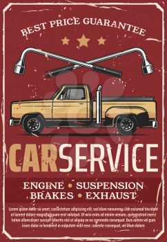 Car service and auto mechanic repair center retro vector. Vintage design of pickup tow truck and lug wrenches, automobile garage and transport diagnostic station