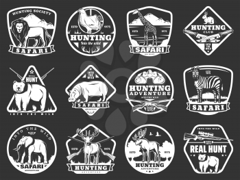Hunting club or hunter society icons of wild animals and birds, hunt open season and African safari adventure. Vector rifle gun and knife, lion, grouse or elk antlers and zebra