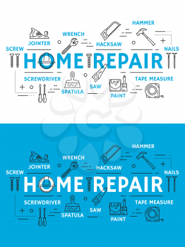 Home repair and renovation or construction tools. Vector thin line carpentry hammer or saw, electric drill or screwdriver and bolts, jointer and paint brush or woodwork grinder. Vector equipment icons