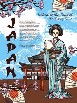 Japan travel sketch poster of Japanese traditional symbols. Vector geisha woman in kimono with fan at Fuji mount and pagoda temple with blooming sakura cherry blossom and hieroglyph ornament