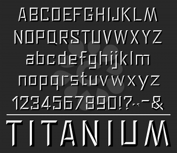 Titanium font letters. Vector embossing or silver metal texture design of uppercase, lowercase alphabet, numbers or special symbols and punctuation marks and signs