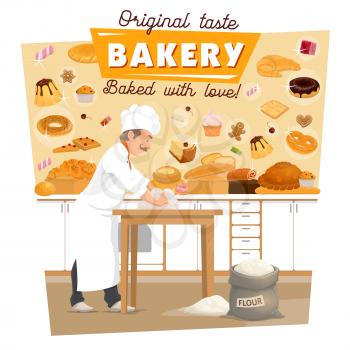 Baker knead dough on bakery kitchen for bread and pastry. Vector man profession with flour bag baking wheat bread or croissant or ciabatta, sweet marmalade or caramel candy and cakes for patisserie