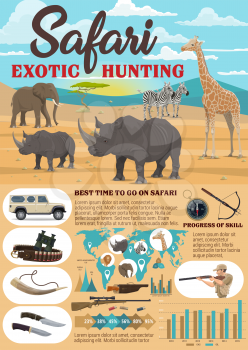 African Safari hunting infographics. Vector statistics on hunt open season on world map, diagrams for hunter equipment, rifle guns and bullets, trophy graphs for rhinoceros, elephant or giraffe