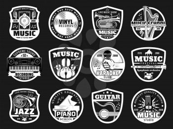 Music icons for recording studio or record label and jazz festival or karaoke club. Vector musical instruments of synthesizer, piano or vinyl disk and orchestra harp for concert or music studio