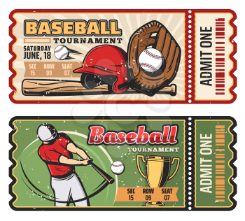 Baseball sport game retro tickets for championship or tournament. vector vintage design of baseball player with bat and ball or golden victory cup and safety helmet and cut line