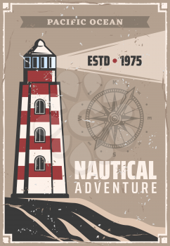 Lighthouse retro poster with navigation compass or wind rose. Vector nautical or marine vintage design for seafarer ship safe sailing and ocean travel adventure