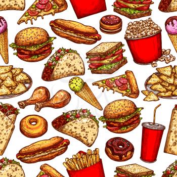 Fast food background with vector seamless pattern of burger, hot dog and pizza sketches, hamburger, sandwich and soda, chicken, fries and donut, taco, ice cream and popcorn. Junk food and drink design