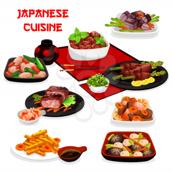 Japanese cuisine meat dishes with vegetables, ginger and soy sauce. Vector dumpling soup, stewed pork and chicken with veggies, sweet potato with meatball and curry, beef rolls with asparagus