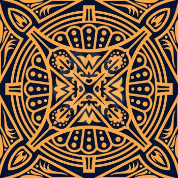 Arabic seamless pattern of vector islamic arabesque floral ornament. Orange and blue oriental ethnic motif, antique tile, damask fabric or turkish flourish decoration design