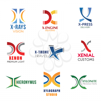 Corporate identity letter X business icons. Medicine and transport repairing, delivery or shipping and electricity, traveling and customs, studio and production. Vector emblems, signs and symbols