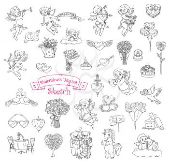 Valentines Day sketch icons with vector symbols of romantic love holiday. Hearts, gifts and balloons, flowers, love letter envelope and chocolate, wedding ring, Cupids and couples of birds and bears