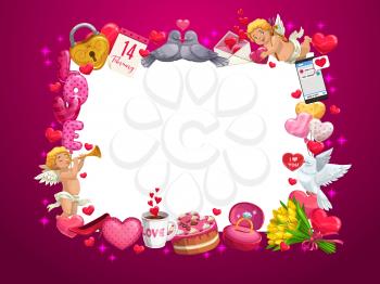 Valentines Day vector frame with romantic love holiday red hearts and gifts border. Balloons, chocolate cake and letter envelope, cupid with arrows, flower bouquet, diamond ring and dove birds couple