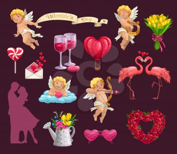 Valentines Day holiday vector icons with romantic love gifts. Heart shaped candy, balloon and glasses, love letter envelope, flowers and Cupids with arrow, bow and harp, loving couple of man and woman