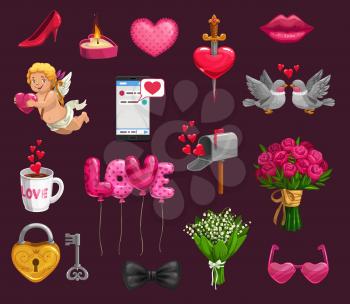 Valentines Day vector icons with symbols of romantic love holiday. Red hearts, gifts and balloons, flower bouquet, kiss lips and Cupid, couple of loving birds, key and padlock, love message and candle