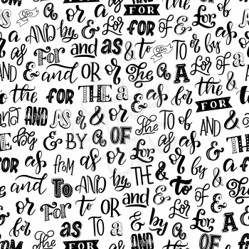 Articles, prepositions and ampersands seamless pattern. Vector font and lettering in monochrome endless texture. Calligraphy and English grammar elements inside wallpaper print, words and letters