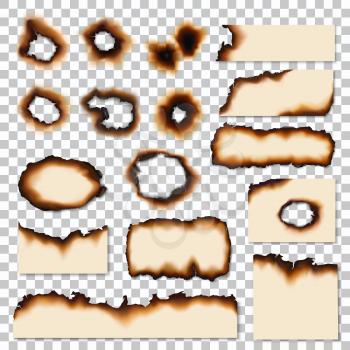 Burnt holes or realistic scorched piece of paper. Dirty edges of parchment sheets left by fire or flame. Damaged surface, old notes remnants or scraps realistic vector isolated on transparent