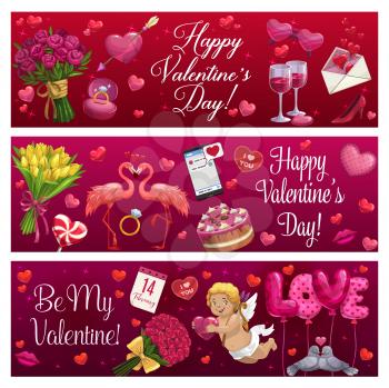 Cupid, hearts and gifts vector design of Valentines Day greeting banners. Wedding rings, chocolate cake and flowers, love letter envelope, candies and balloons, calendar, couple of birds and kiss lips