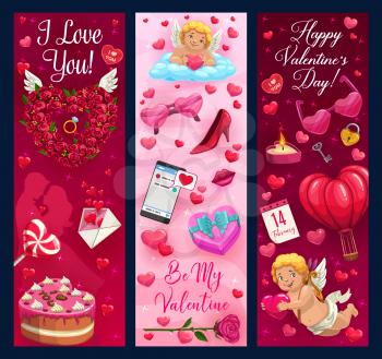 Valentines Day romantic gifts vector greeting banners with love hearts and Cupids. Rose flowers, chocolate cake and balloons, wedding ring, candy and love letter envelope, calendar and loving couple