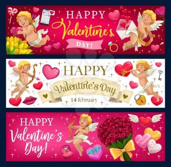 Happy Valentines Day vector greeting banners with romantic love holiday gifts and hearts. Chocolate cake, candy and wedding ring, love letter envelope, balloons and rose flowers, Cupids, key, padlock