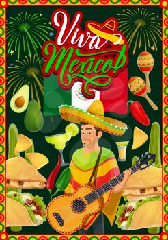 Mexican fiesta party mariachi with guitar and sombrero vector greeting card of Cinco de Mayo holiday. Cactus, tequila margarita and chilli, flag of Mexico, maracas and tacos with festive fireworks