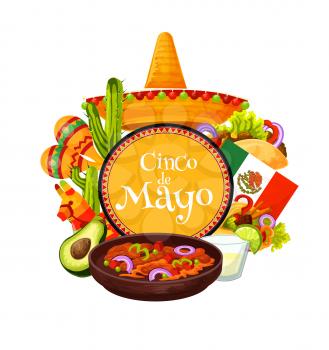 Cinco de Mayo Mexican holiday fiesta party sombrero and traditional food vector design. Mexico flag, cactus and tequila margarita, pinata, maracas and tacos, Latin American festival greeting card
