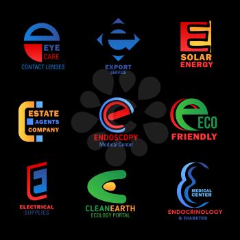 Letter E icons of corporate identity and business industry. Vector E signs of ophthalmology medicine, export logistics and delivery service, solar energy production and reals estate agency