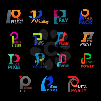 P letter icons, sport brand or business company corporate identity of service and technology. Vector P signs of project, construction service or interior design, paper pack production and photo studio