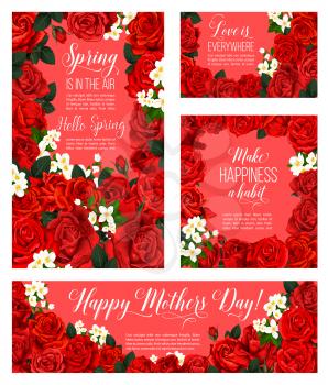 Spring rose flower greeting card for Mother Day holiday template. Red floral frame of garden rose plant, white jasmine flower and green leaf with greeting wishes for Hello Spring festive banner design