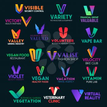 V icons and corporate identity symbols of business company and industry. Vector letter V signs, security and insurance agency or technology store, fashion shop or veterinary clinic and mining