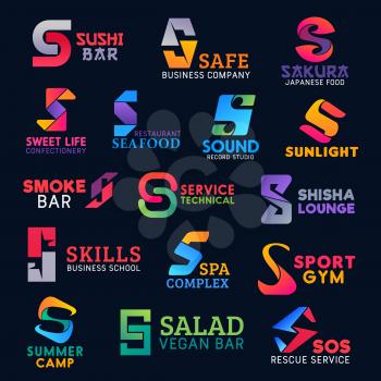 Letter S icons, Japanese sushi cuisine bar and vegan or seafood restaurant signs. Vector corporate identity S symbols shisha lounge club, sport gym or camp travel and spa salon or sound record studio