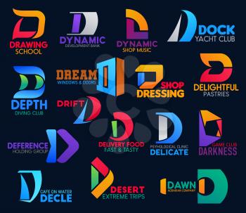 D icons and letter signs of dynamic music shop, yacht or diving sport club and fast food delivery service. Vector corporate identity D symbols, extreme travel trips agency and dressing design