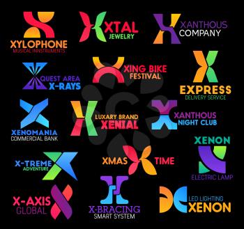 Letter X icons, corporate identity and business company signs. Vector X symbols of Xenon, Extreme or Express and X-ray or Xmas luxury brand names, sports and technology industry or service