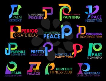 Letter P corporate identity icons of travel agency, barbershop or jewelry shop and gym or fitness club. Vector P symbols of development bank, night club or brokerage firm and management industry