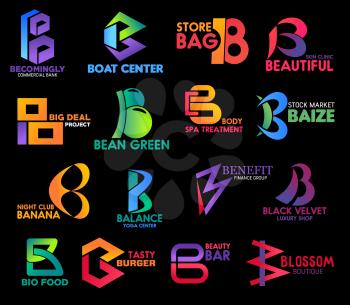 B icons letters of corporate identity and business company symbols. Vector B commercial bank, skin beauty clinic or luxury shop and burger restaurant, spa salon or bag store and night club