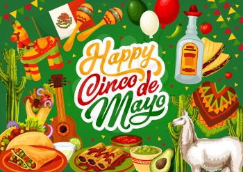 Happy Cinco de Mayo, Mexico celebration holiday food and fiesta symbols on Mexican background. Vector Cinco de Mayo party calligraphy, tequila with cactus and pinata, avocado guacamole and burrito