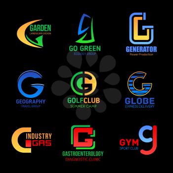 Letter G icons abstract modern design, business company or power technology and industry corporation. Vector Q symbols of garden landscape, travel agency and camp sport or gym club and medical clinic