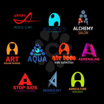 Letter A abstract icons for business. Artery and aquatic, alchemy and art, aqua and abc book, adrenaline and aids, archaeology and agriculture. Organization and enterprises symbols vector isolated