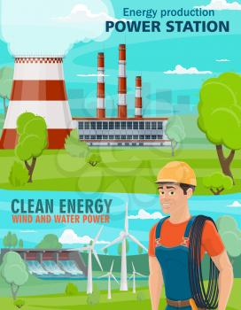 Power industry poster with clean and dirty electricity energy production. Polluting thermal power station and renewable sources of water and wind power plants. Ecology and environment vector theme