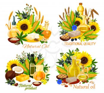 Natural oil vector icons of vegan food seasonings with vegetables, fruits, nuts and seed ingredients. Olives, sunflower and corn, rapeseed, canola and soy, peanut, coconut and walnut, hemp, sesame