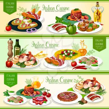 Italian meat, vegetable and seafood dishes with focaccia bread, cheese, olive oil and pesto sauce. Grilled meat, shrimp and tomato feta salads, beef tartare, melon with prosciutto and meatball. Vector