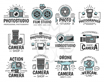 Photo and film studio icons with digital and video camera, lens, flash and movie projector, shutter and cinema film reel isolated vector symbols of photography and video production emblems design