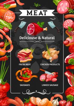 Meat products, sausages and delicatessen food frame on blackboard. Vector beef steak, pork roast and ham, salami, bacon and chicken, smoked frankfurter and burger patty with vegetables, spices and herbs