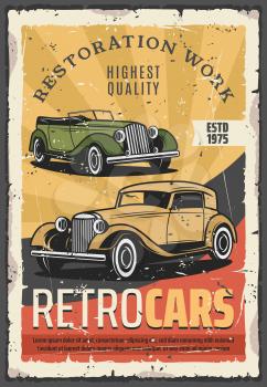 Retro cars show or vehicle exhibition. Vector vintage transport museum, restoration works, old cabriolet. Auto repair service, mechanic system and garage station, automobile parts replacement