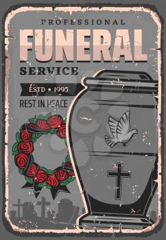 Burial urn, dust and cremation, funeral service, interment ceremony. Vector rose wreath and black stripe, cemetery and gravestones. Container with dove and cross religious symbols, parting or farewell