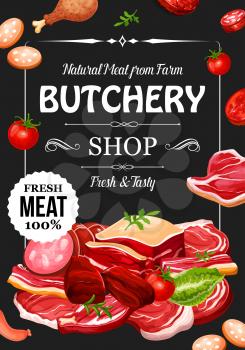 Meat products and sausages with seasonings, butchery shop. Vector beef raw filet and steak, pork bacon and tenderloin or chop, mutton and beefsteak, chicken drumstick. Parsley and tomato, lettuce leaf