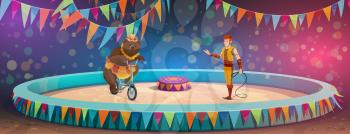 Circus show, animal handler with whip, bear on bicycle. Vector chapiteau arena, forest predator in costume on bike, man showing trick with wild mammal in skirt. Stage performance, family entertainment